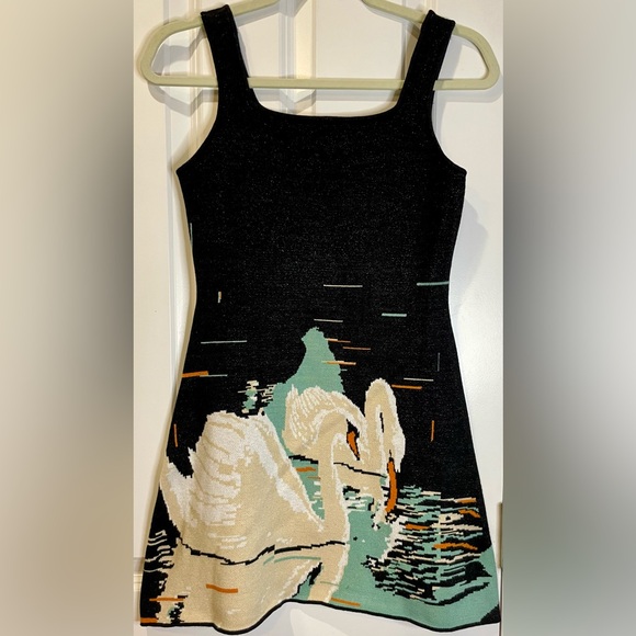 Adorable CIDER SWAN PRINT Black Sparkly KNIT Sweater Mini DRESS Boho Rare XS - Picture 3 of 6